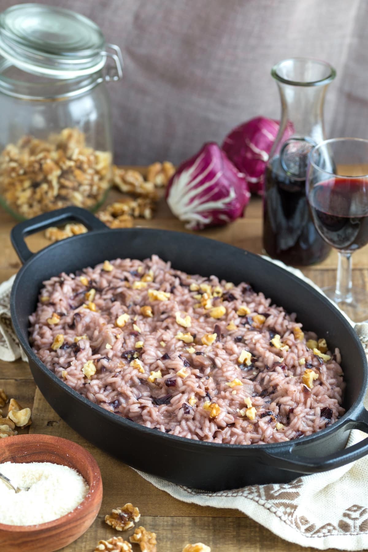 Walnut radicchio risotto made with red wine.