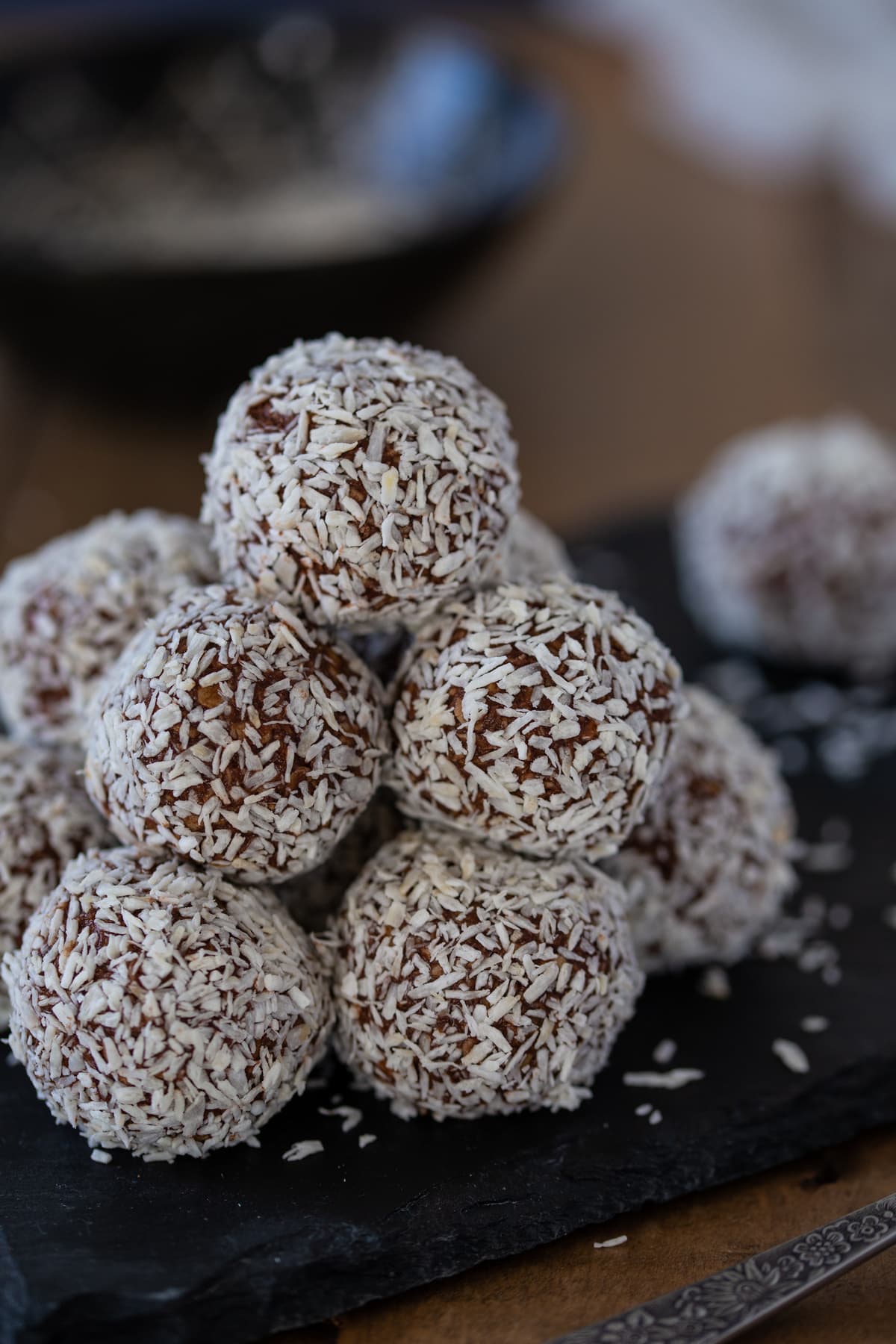 No-bake balls piled in a pyramid.