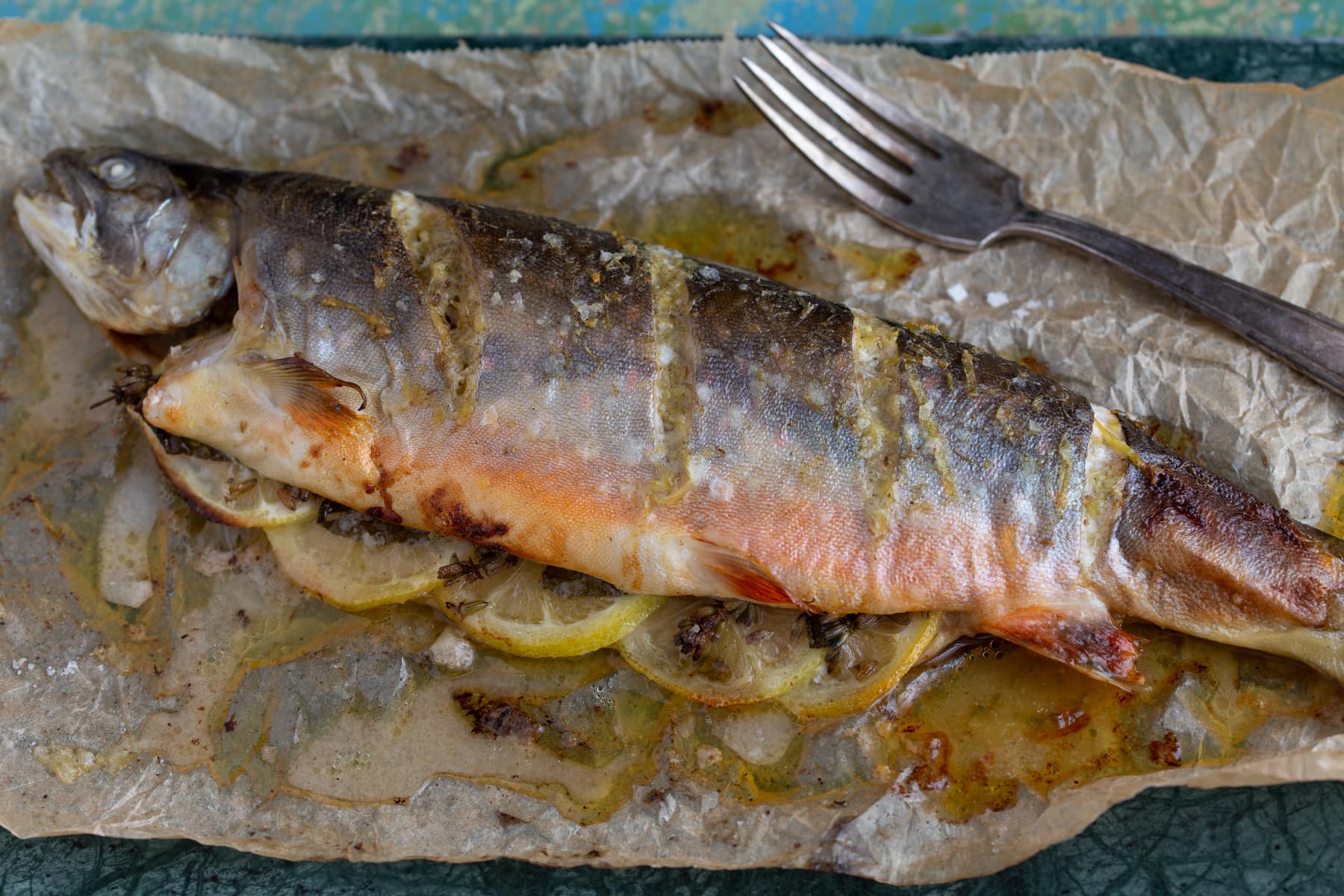 Baked rainbow trout with lemon lavender butter.