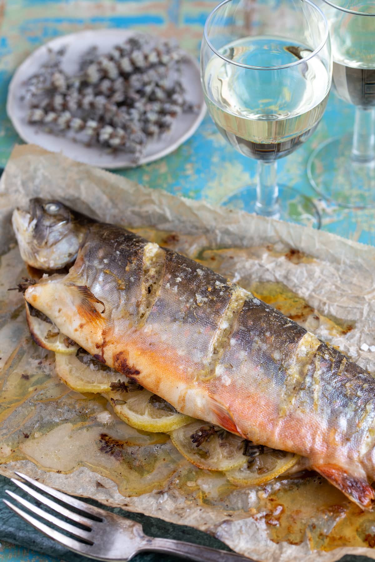 Lavender trout straight out of the oven.