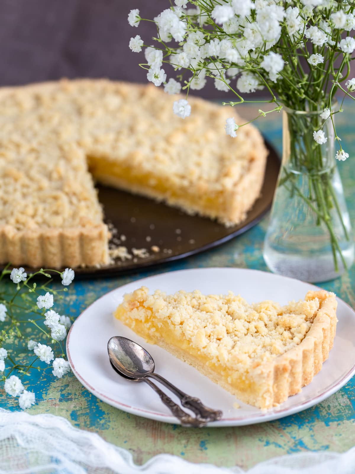 A slice of ginger lemon pie on a white plate.