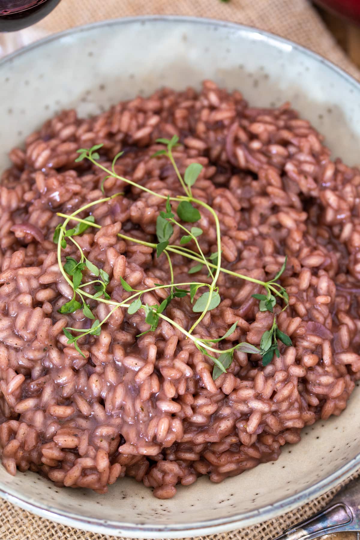 Closeup view of red wine risotto.