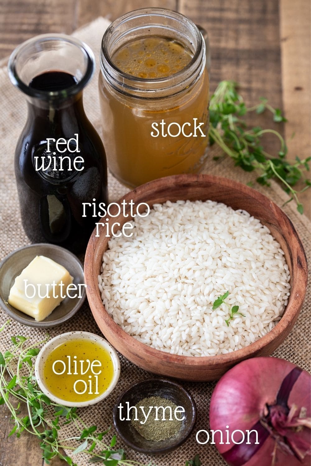 The ingredients needed in this recipe arraged on a wooden table.