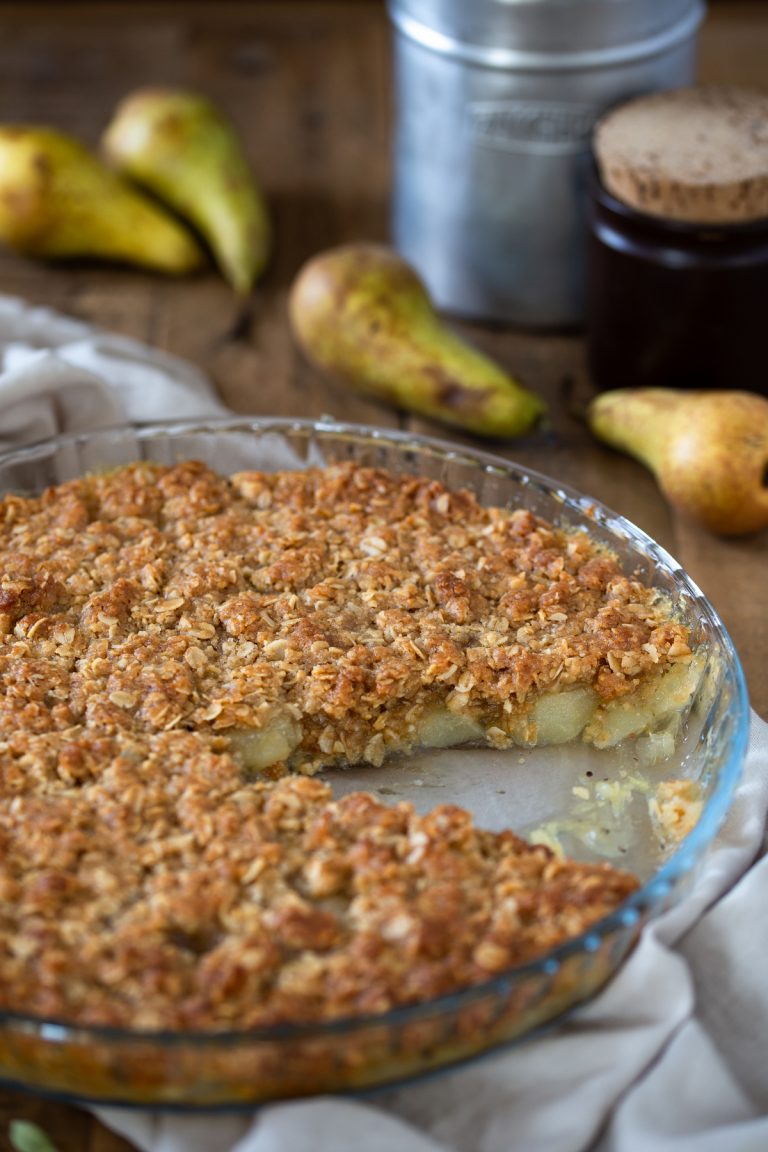 Pear crisp missing a slice.