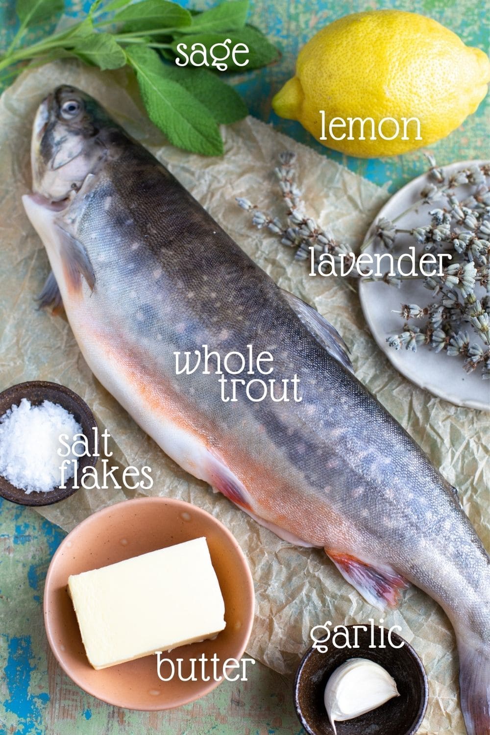 Whole trout surrpounded by the ingredients needed to prepare it.
