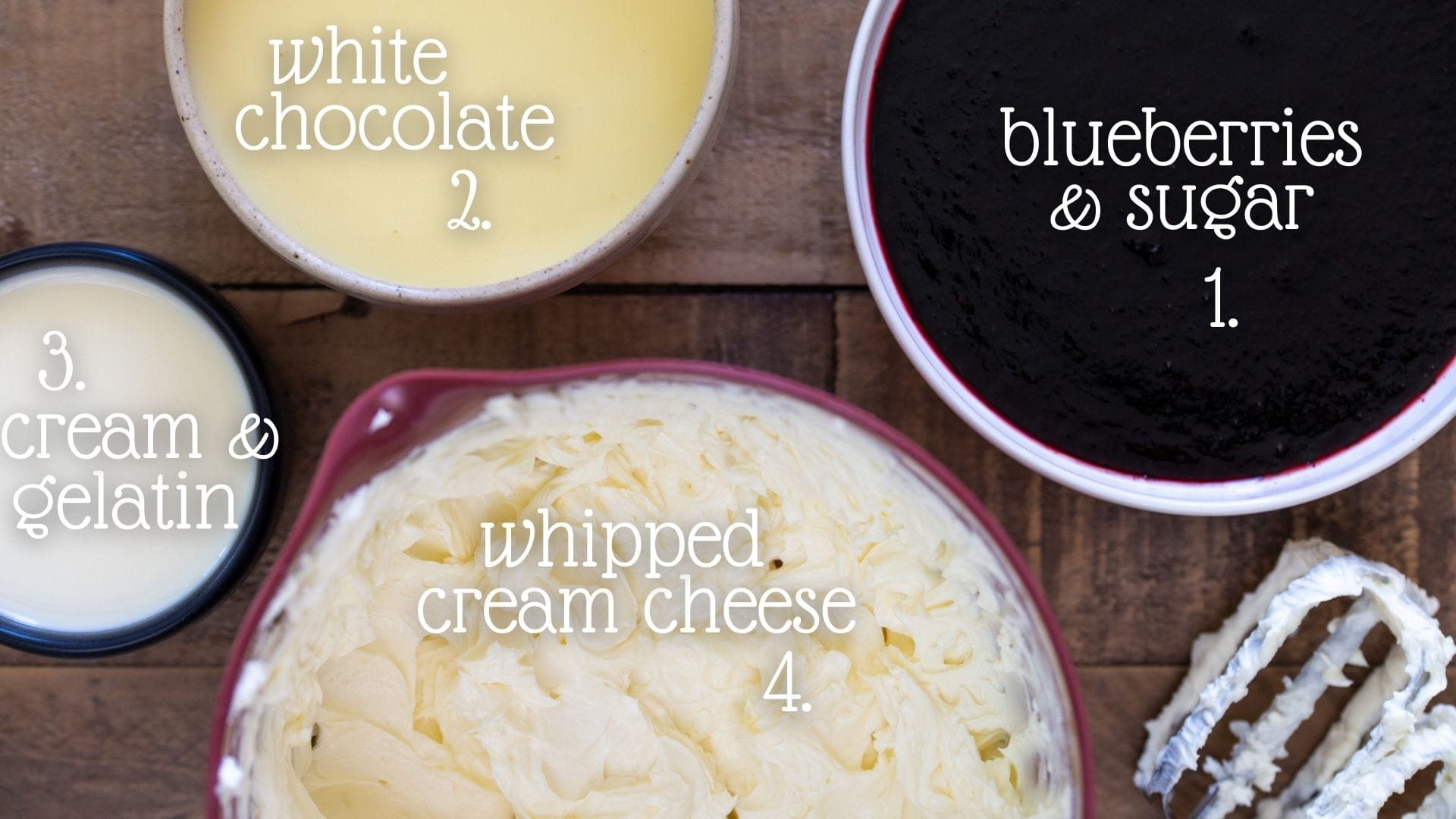 The various steps of the process in separate bowls.