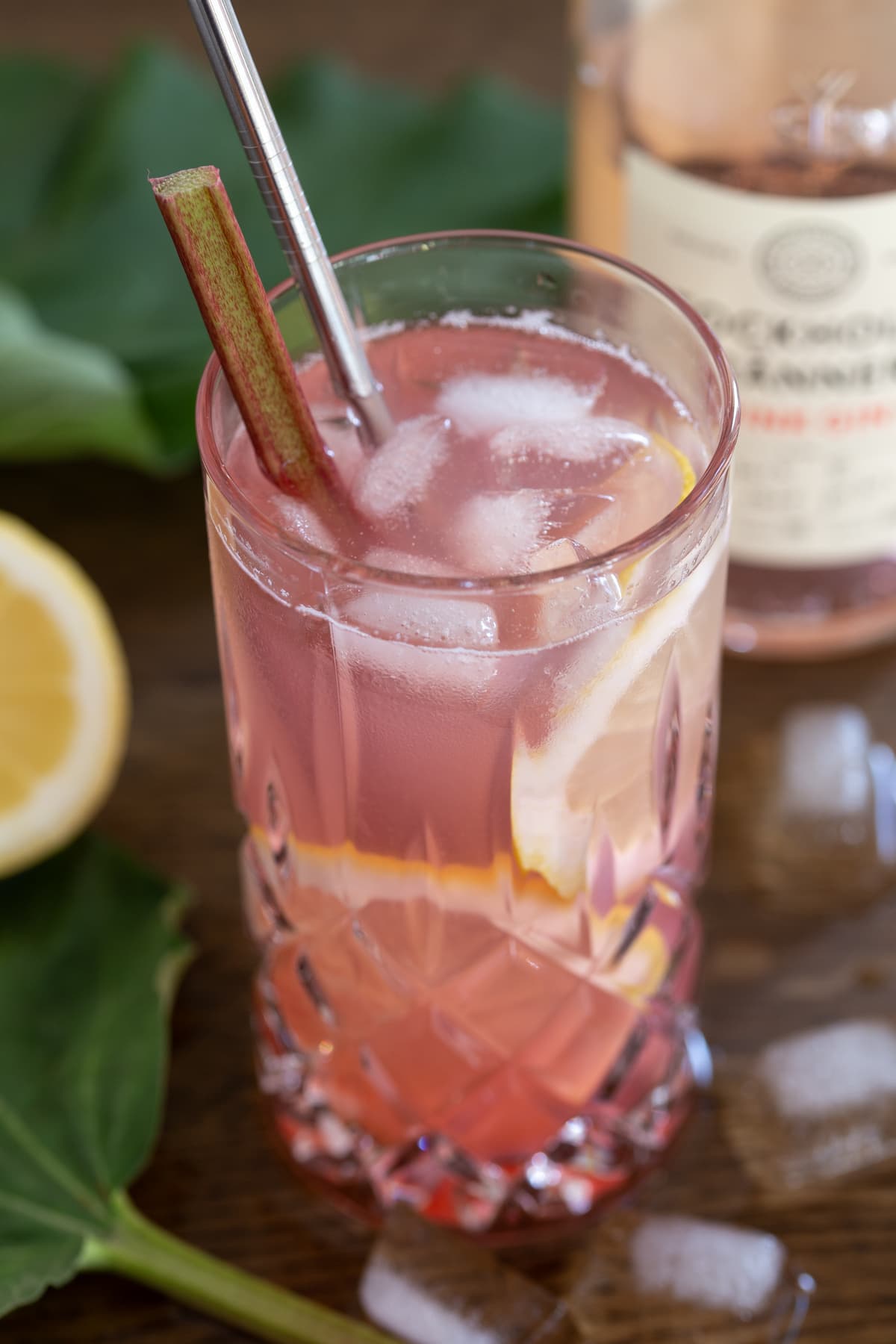 Rhubarb Gin & Tonic served with lemon slices and a rhubarb stalk.