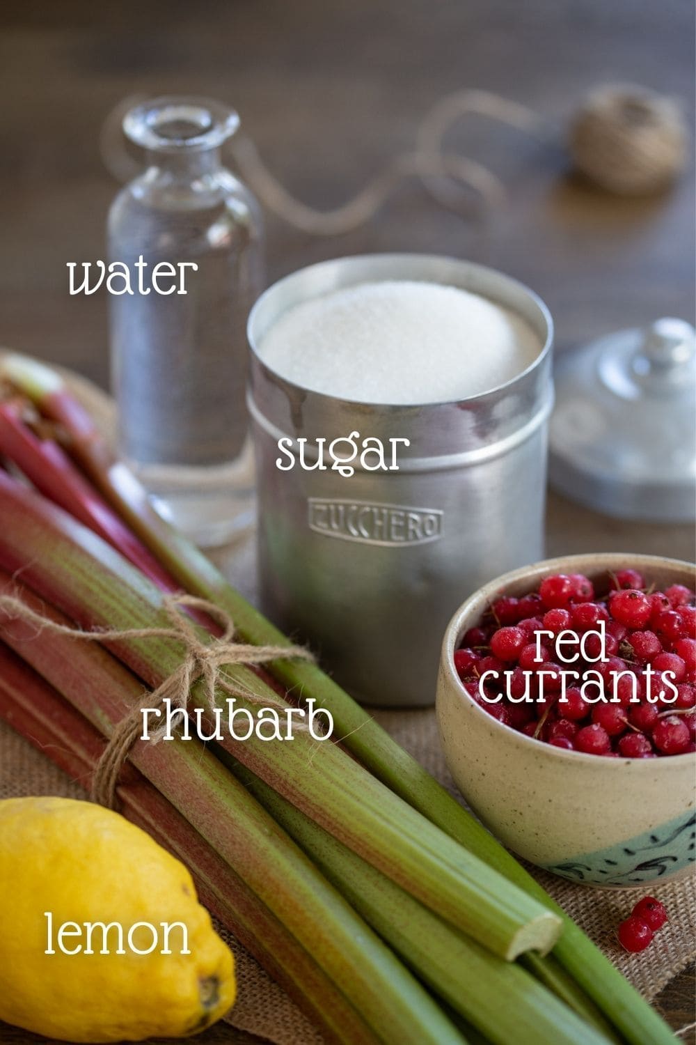 Rhubarb stalks, redcurrants and other ingredients needed.