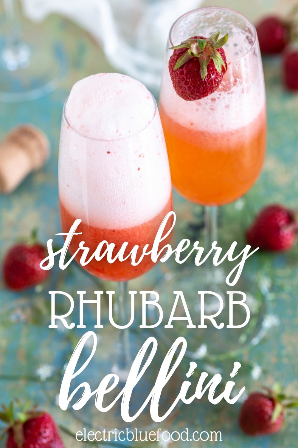 Strawberry rhubarb Bellini (rhubrb Rossini) a Prosecco cocktail with rhubarb syrup and strawberry purée.