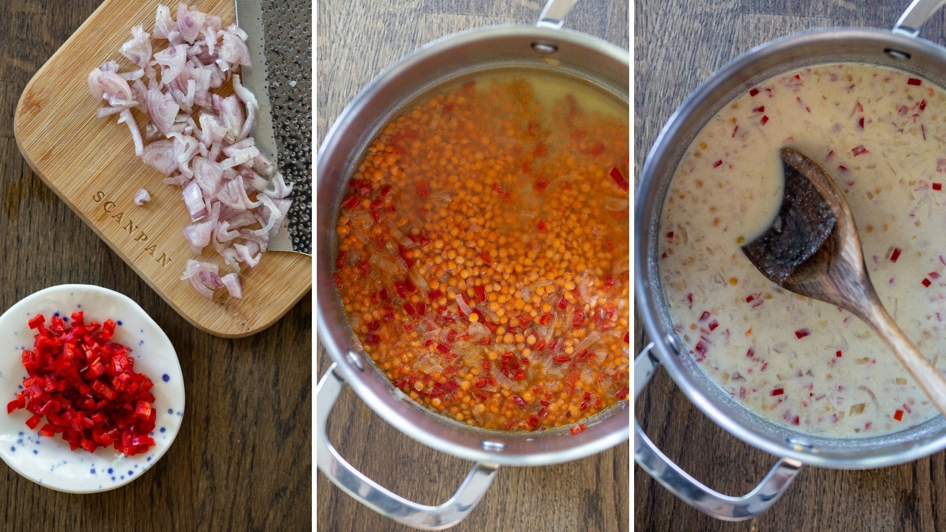 Onion and chili chopped followed by two phases of the cooking.