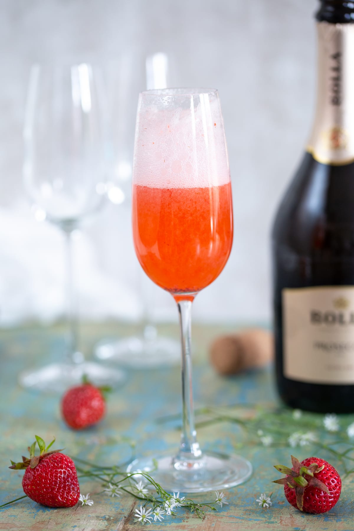 A serving of rhubarb prosecco cocktail.