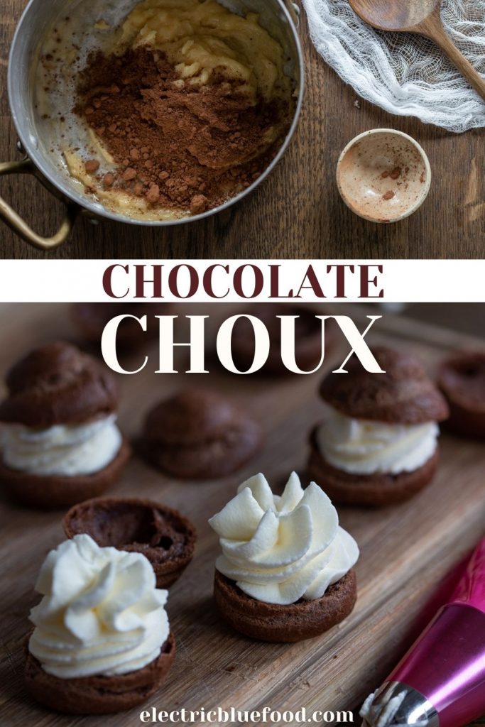 Homemade cocoa choux pastry buns filled with cream to make delicious chocolate cream puffs.