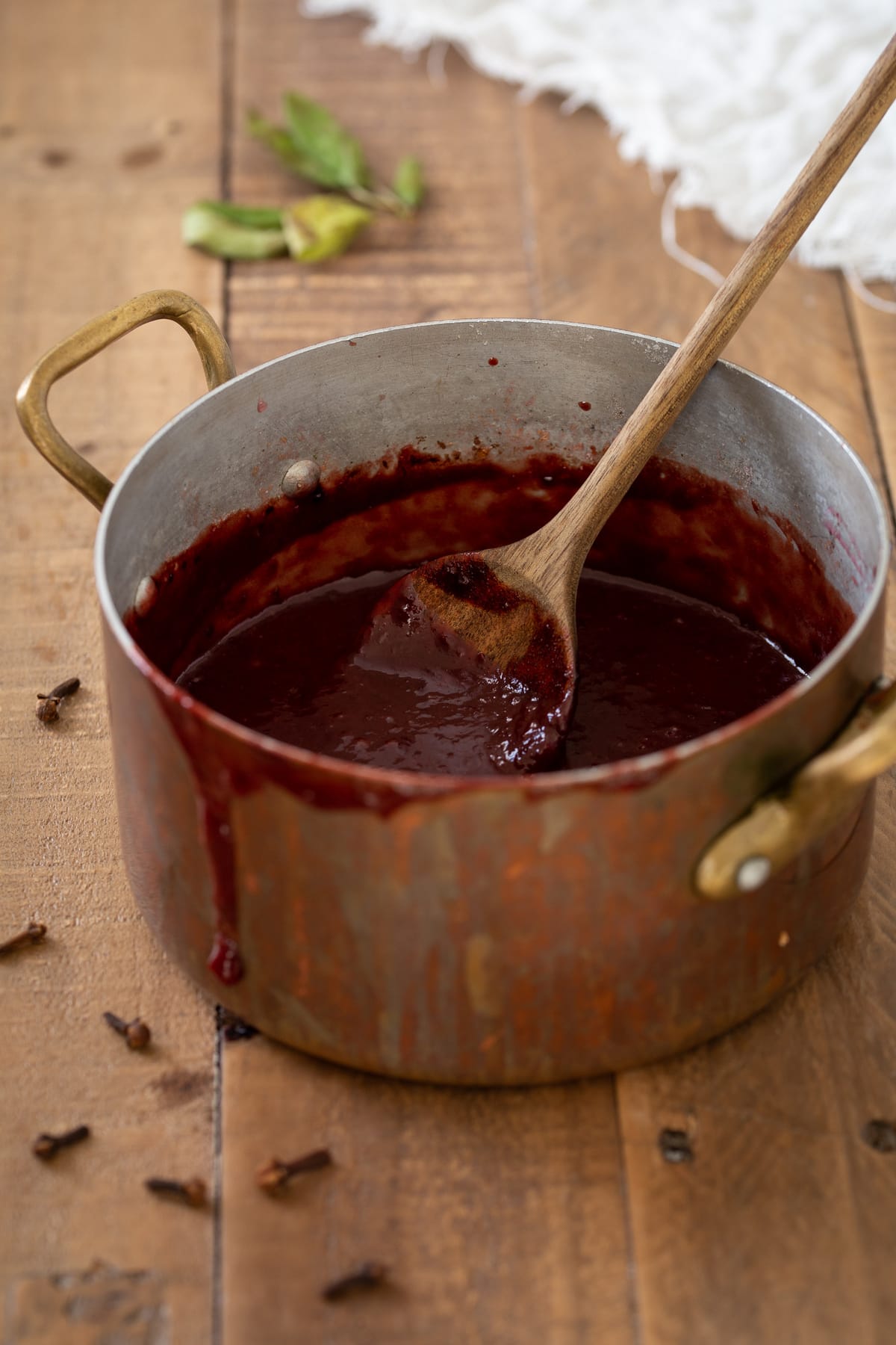 Blended plum jam with cocoa and cloves.