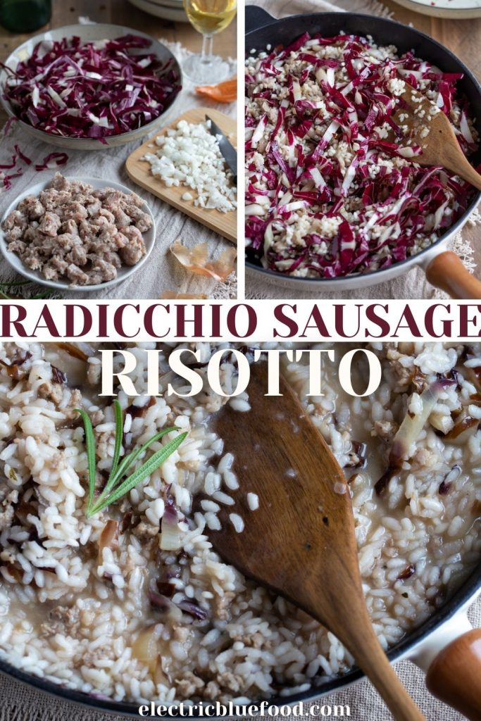 Risotto with sausage and radicchio, a lovely Italian recipe for a tasty risotto. The combination of flavours delivered by pork sausage and bitter radicchio is outstanding. Make sausage risotto with radicchio following the easy step by step instructions in this recipe.