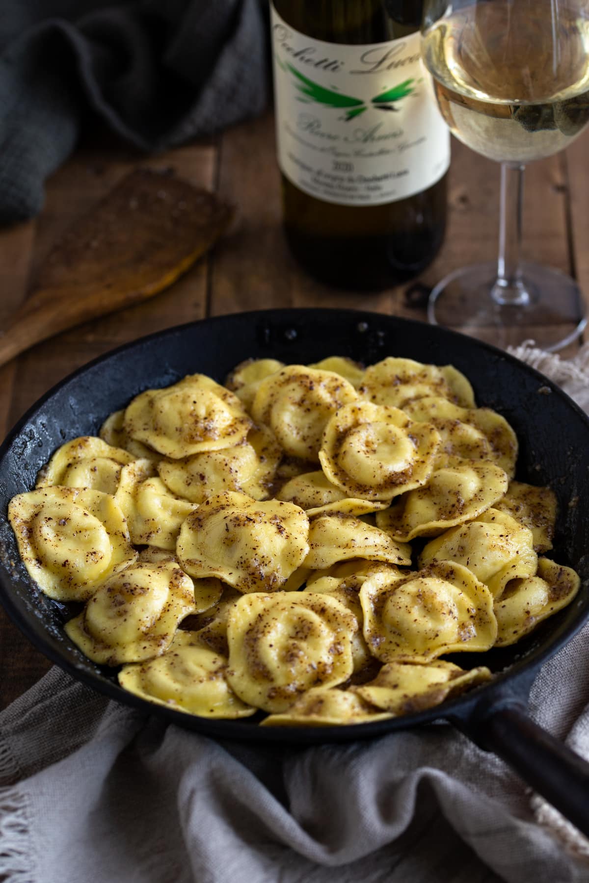 Hazelnut butter ravioli in a skillet.