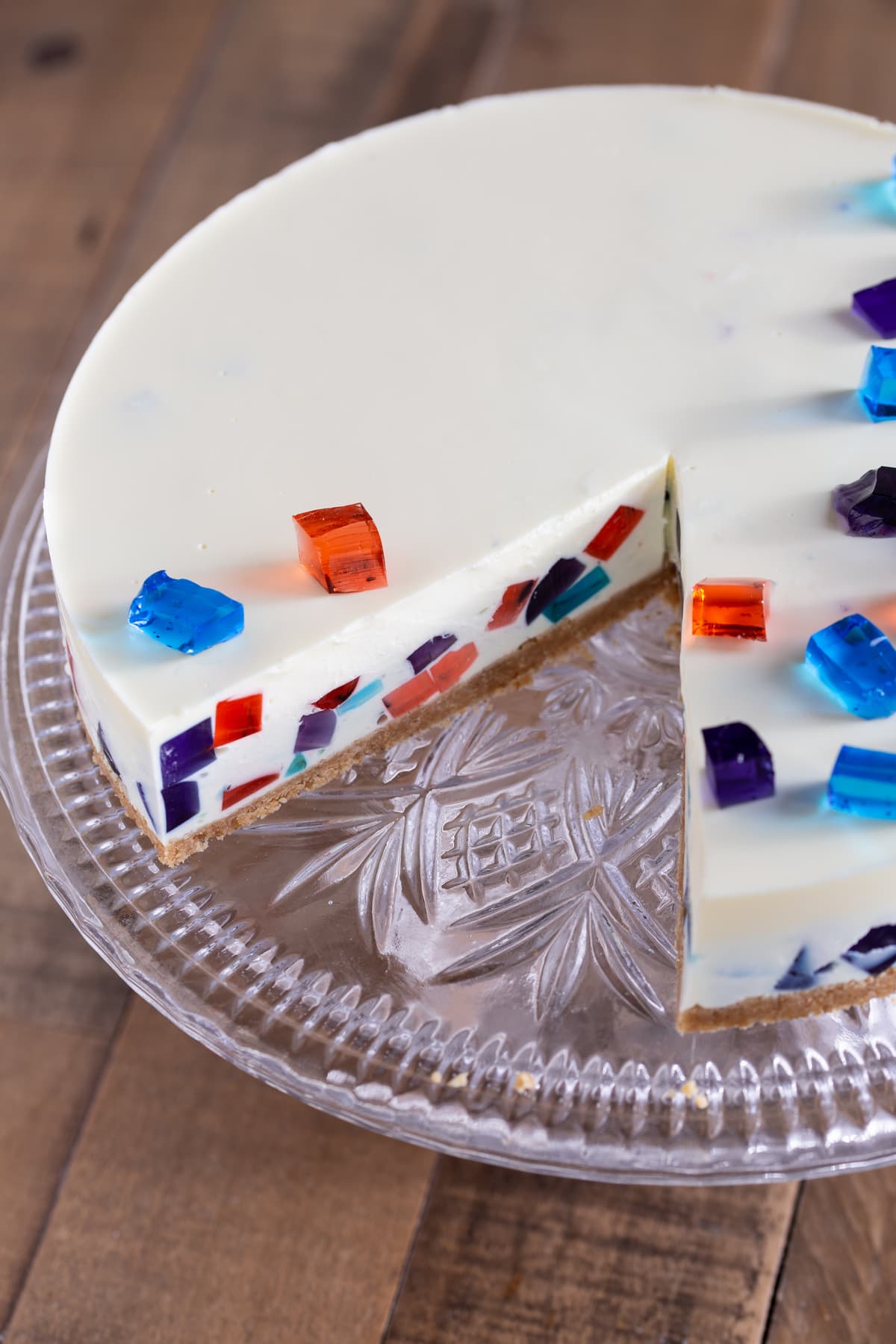 Sction of mosaic cheesecake to show the inside.