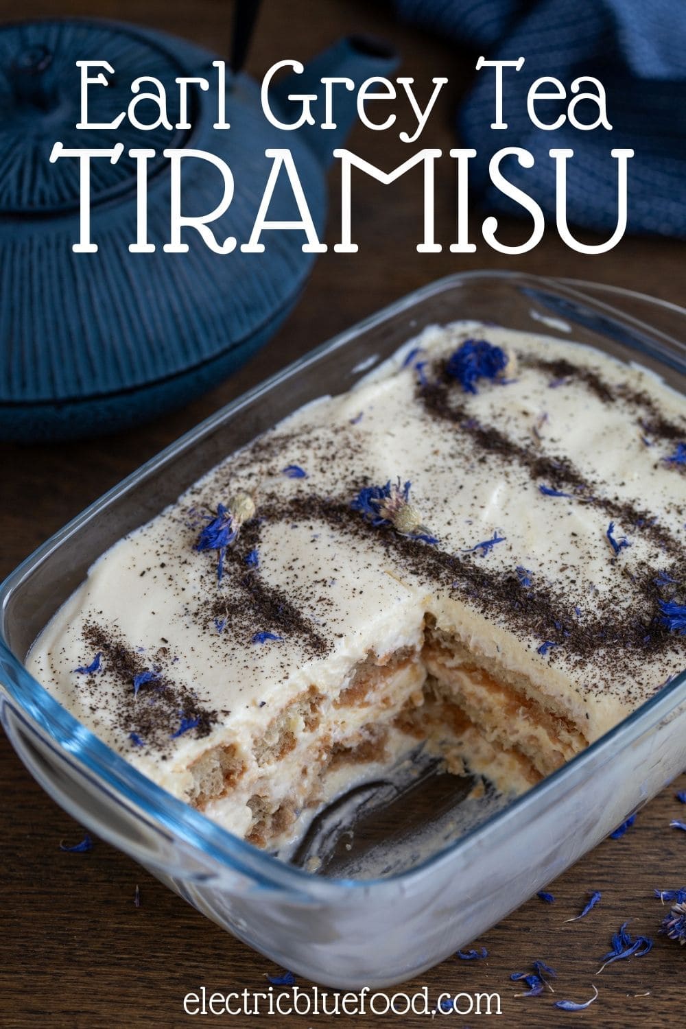 Classic tiramisu made with earl grey tea instead of coffee. This earl grey tiramisu is topped with powdered tea and cornflower petals instead of cocoa, for maximum tea flavour.