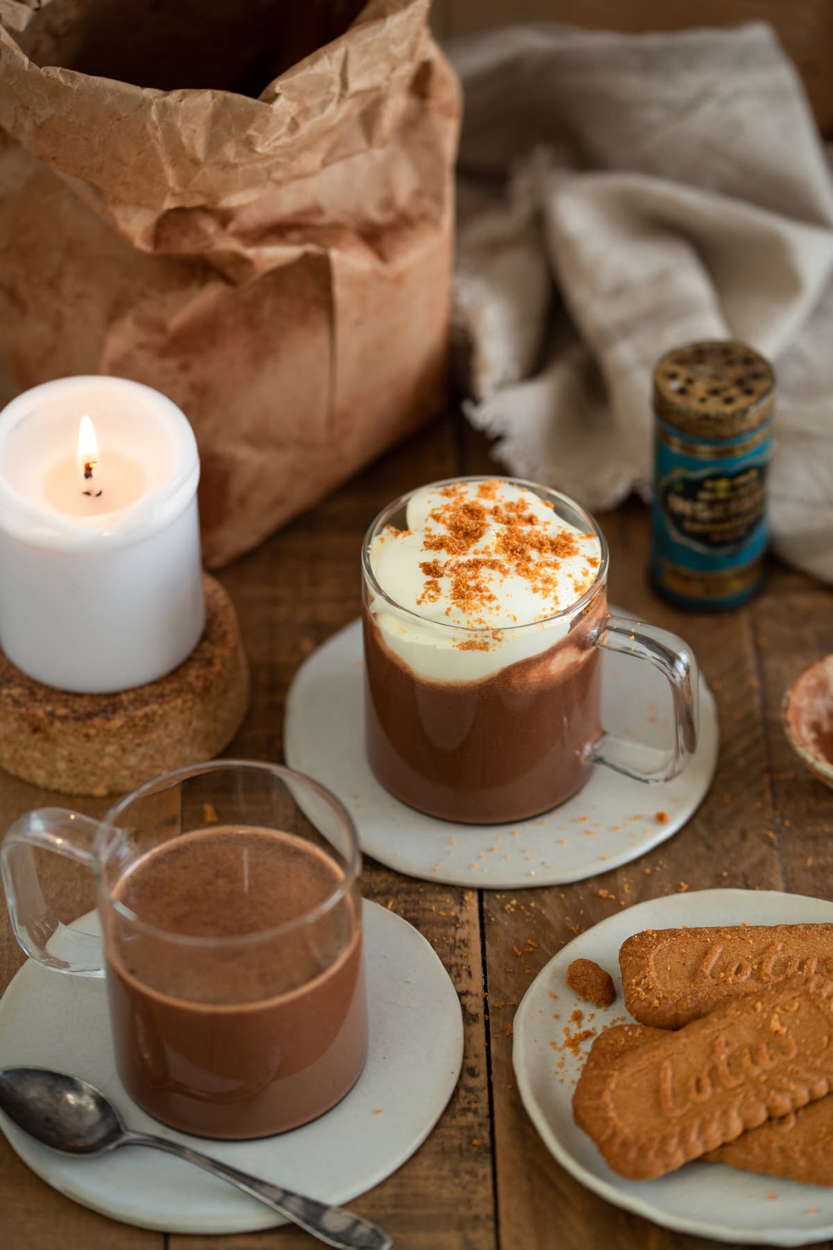 Two portions of Biscoff hot chocolate.