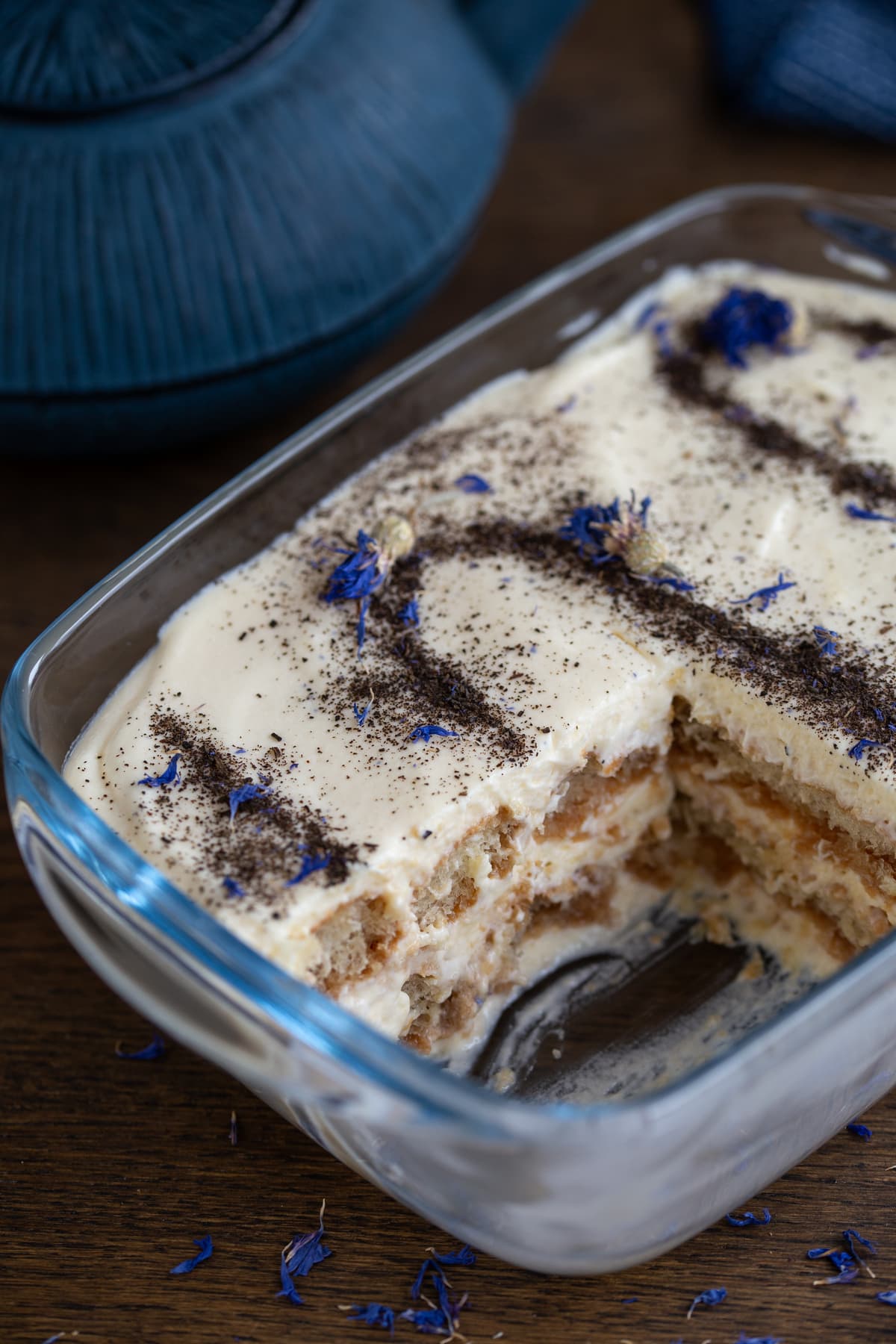Portioned tiramisu to show layers.