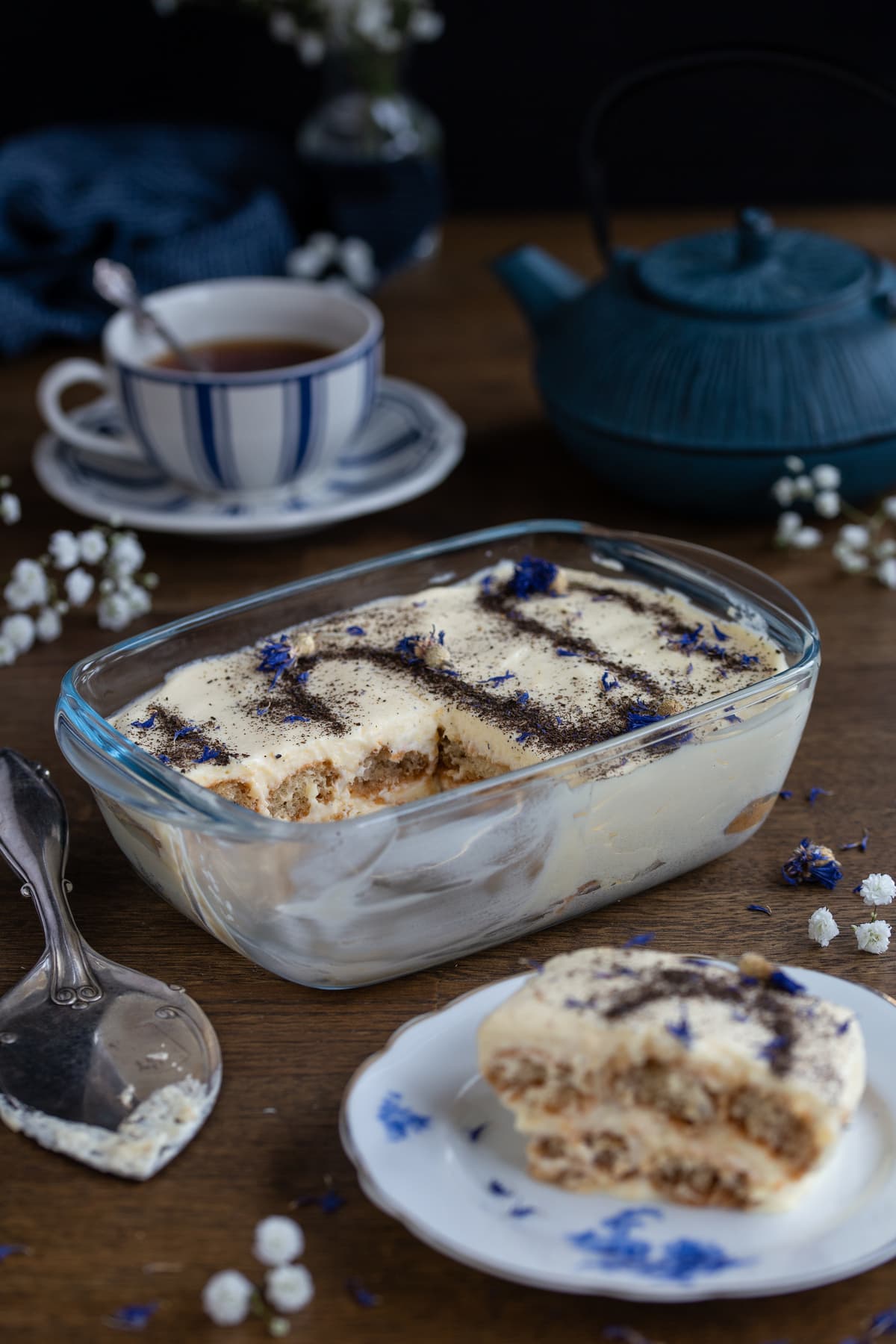 Portioned tiramisu to show layers.