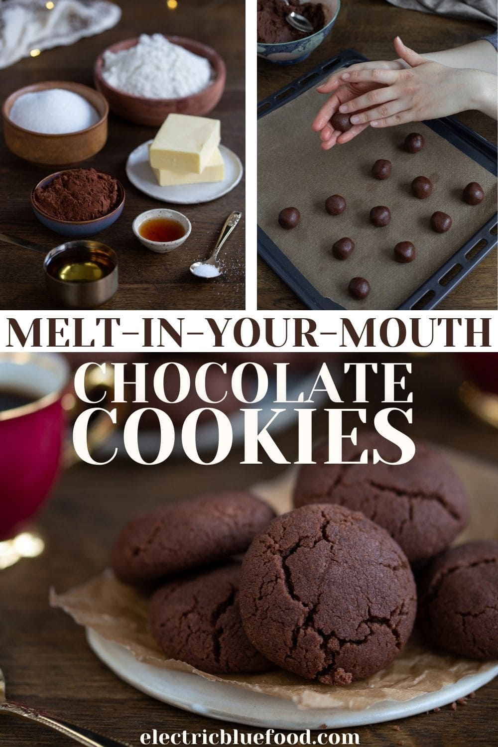 Chocolate butter cookies that melt in your mouth with the most magical texture. They are crumbly and melty and have an intense cocoa and butter flavour.