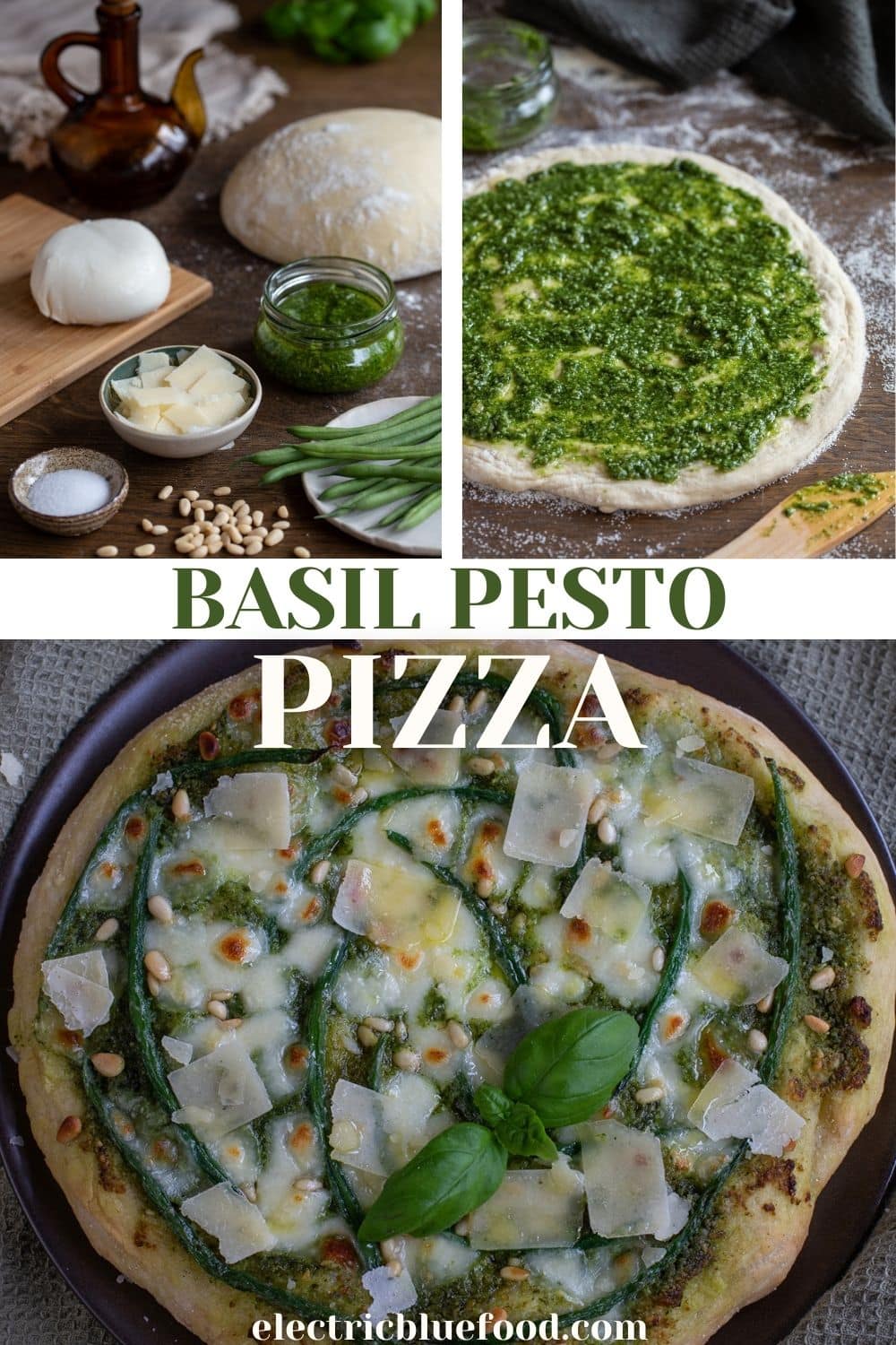 Pesto pizza with green beans is inspired by classic pasta al pesto from Liguria. It is topped with parmesan flakes and pine nuts for a fantastic flavour in this vegetarian pizza without tomato sauce.