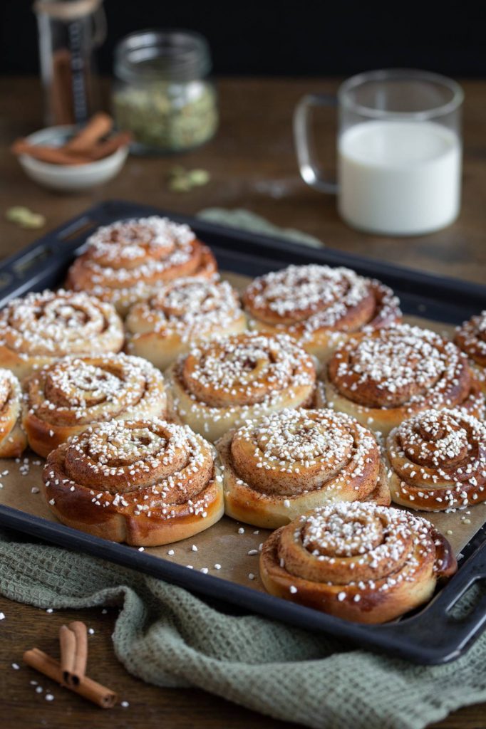 Swedish cinnamon rolls kanelbullar fully baked.