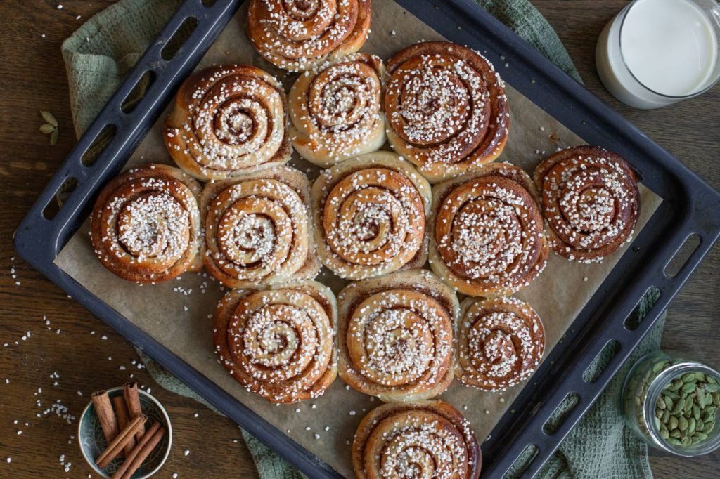 Swedish cinnamon rolls kanelbullar fully baked.