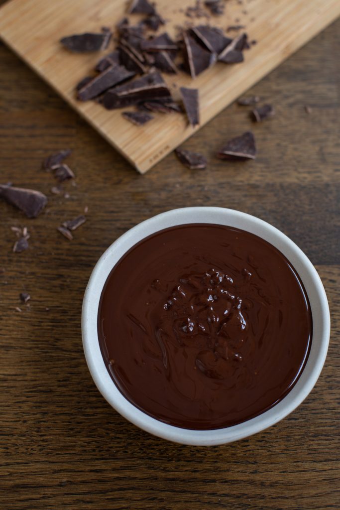 Melted chocolate in a white bowl.