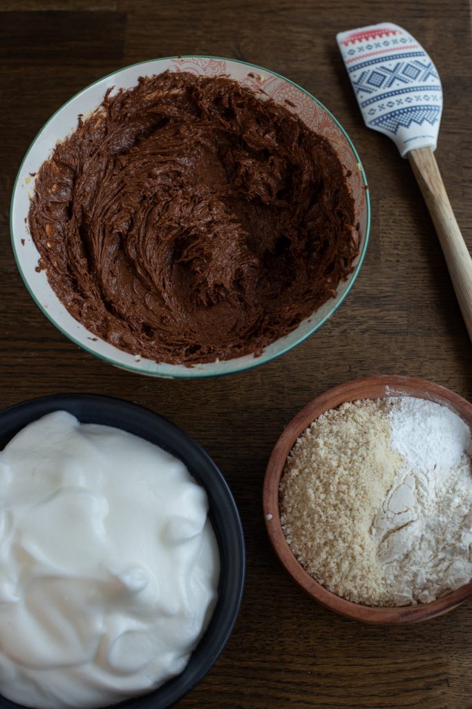 Three separate bowls before incorporating all the ingredients.