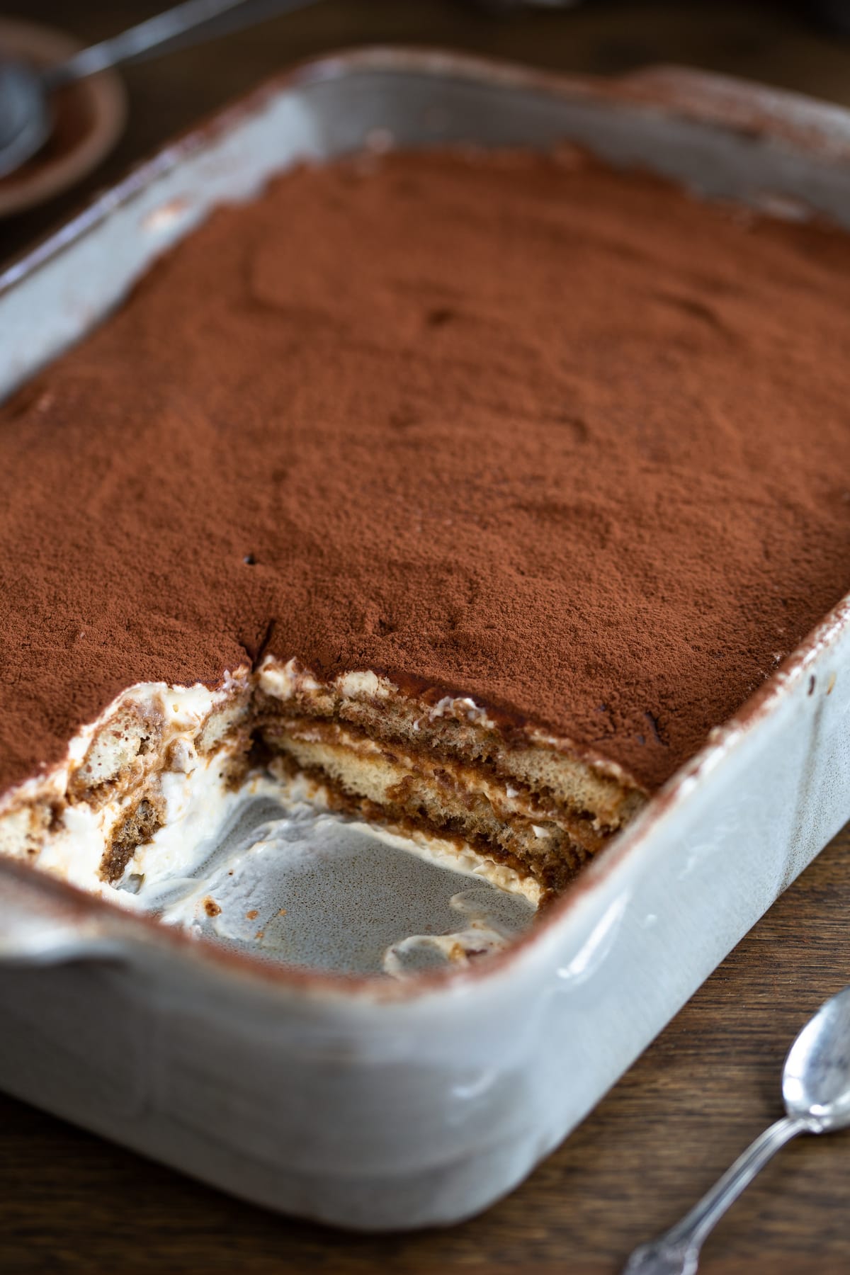 Sliced tiramisu showing layers.