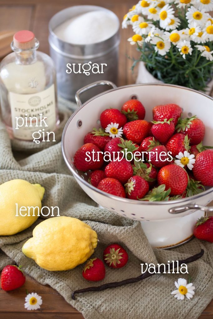 The ingredients featured in strawberry vanilla gin jam.