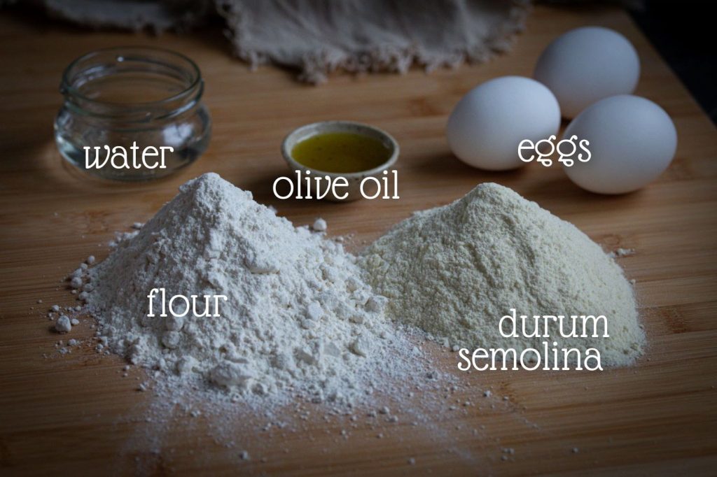 The ingredients needed to make fresh pasta from scratch.