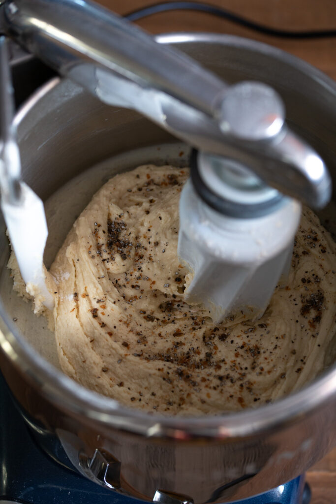 Yeast dough with cardamom worked in an Ankarsrum mixer.